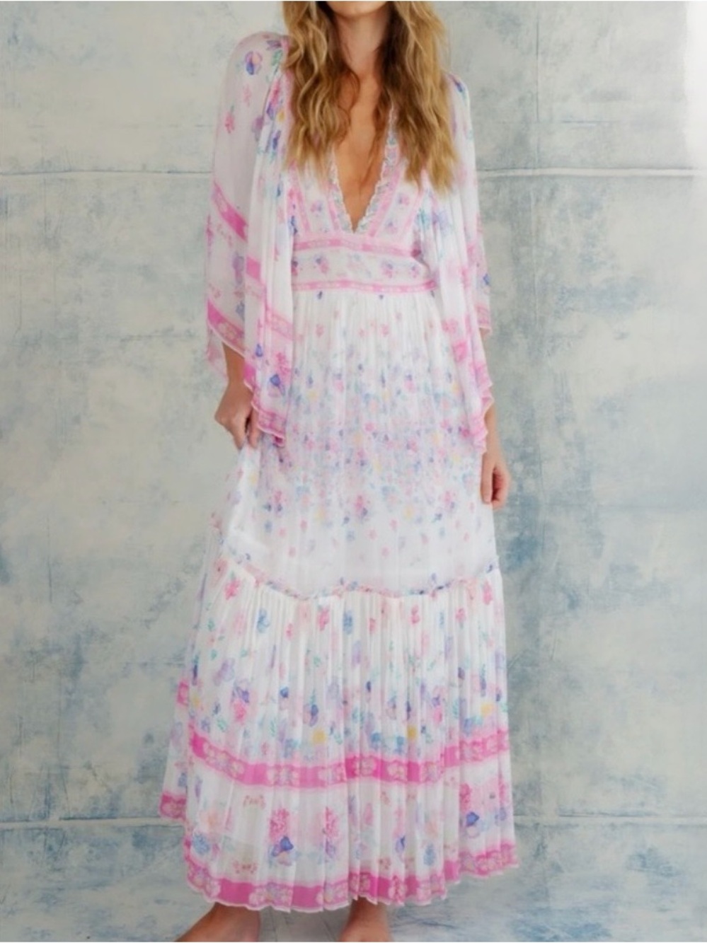 Fillyboo Angel Sleeve Floral Maxi Dress Boho Vacation Whimsical Fairy